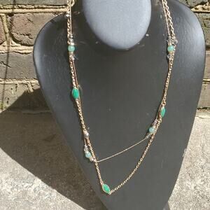 SALE New York & Company long layered necklace green & gold color